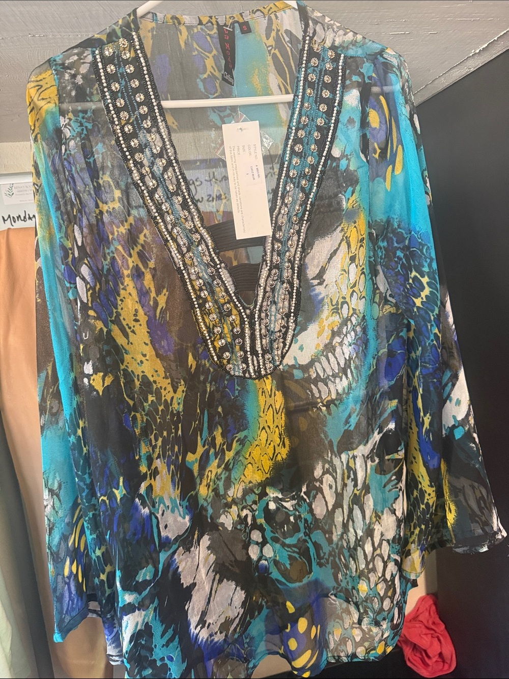 Moda Beaded V-Neck Sheer Tunic in Teal, Yellow & Black